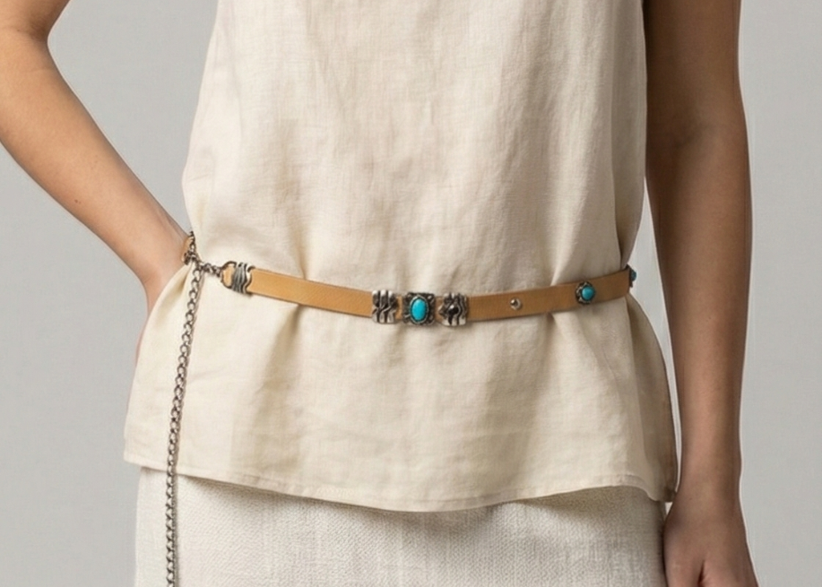Person wearing a beige sleeveless top and skirt with a decorative belt on a gray background