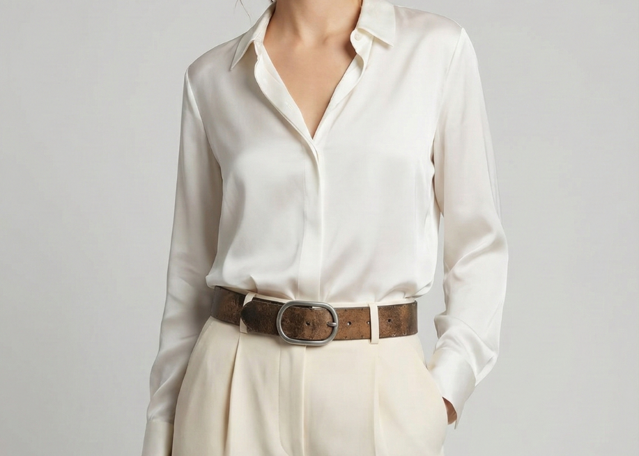 Woman wearing a white shirt and beige pants with a brown belt on a plain background