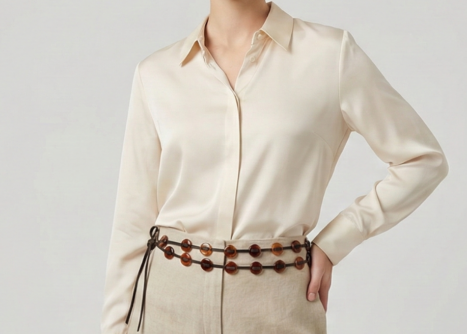 Woman wearing a beige shirt and pants with a belt on a plain background