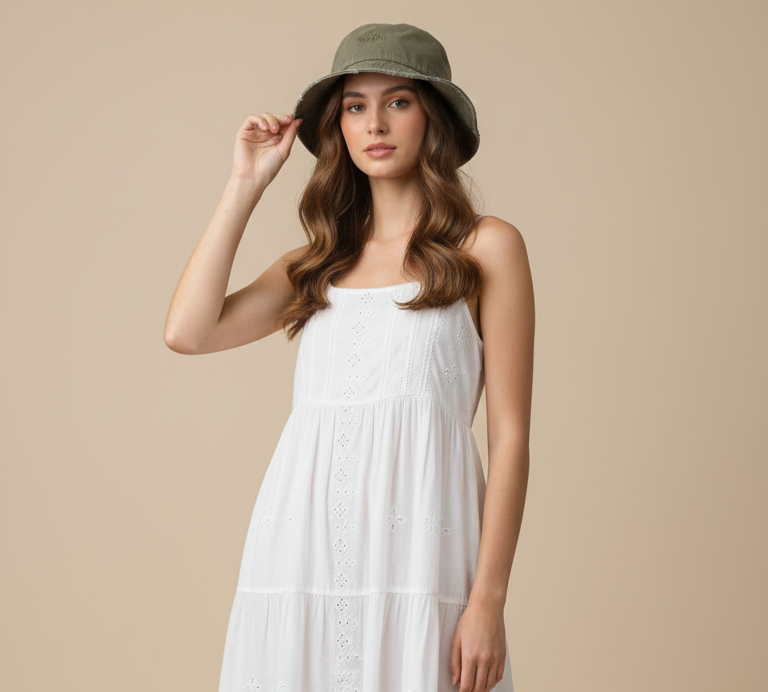 Woman wearing a white dress and green hat against a beige background