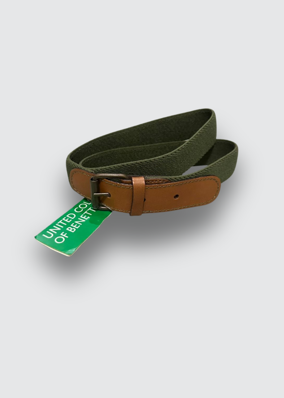 Green belt with brown buckle and a green tag on a light gray background
