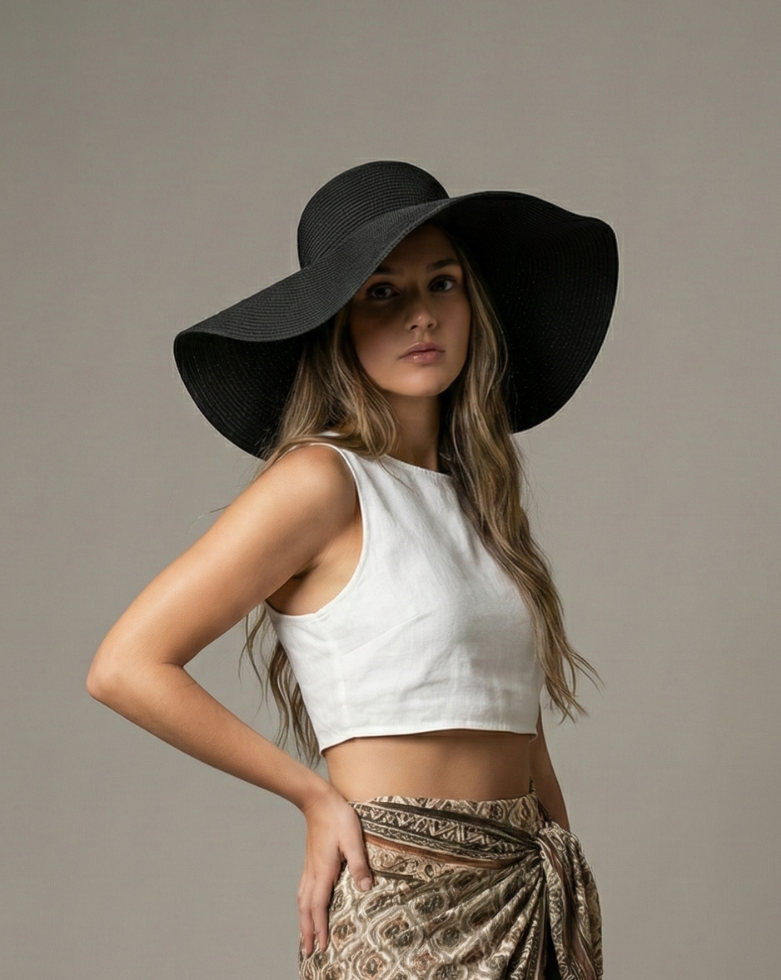 Woman wearing a black wide-brimmed hat, white top, and patterned skirt against a neutral background