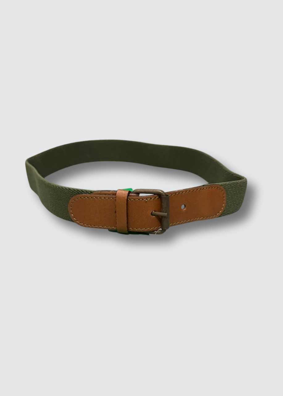 Green belt with brown leather buckle on a light gray background