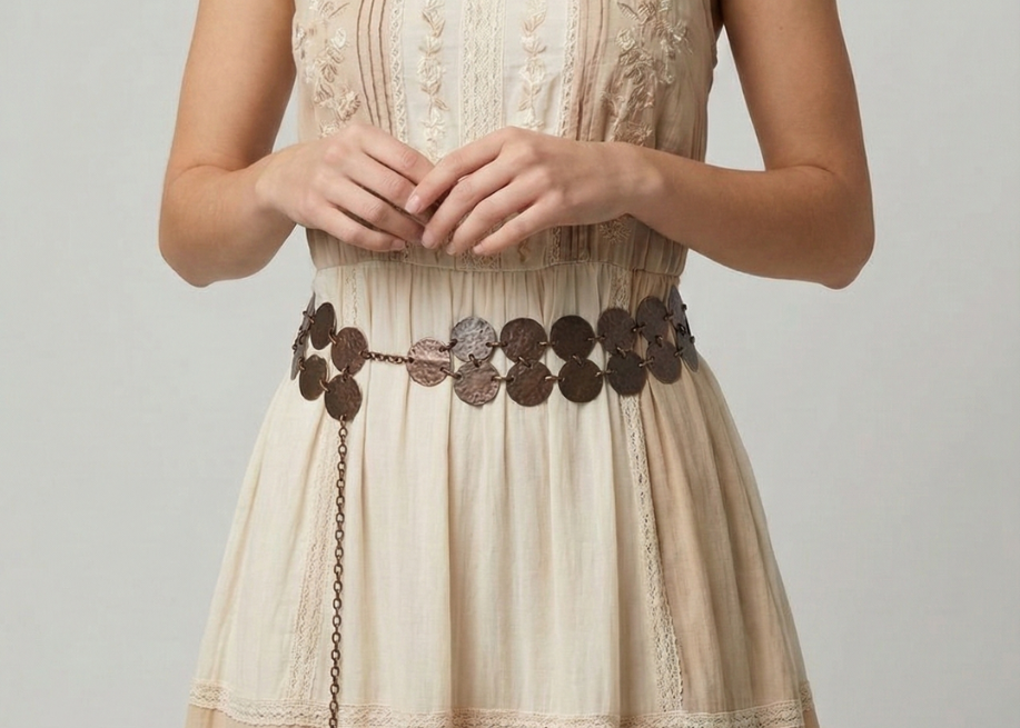 Woman wearing a beige and brown dress with a floral belt on a plain background